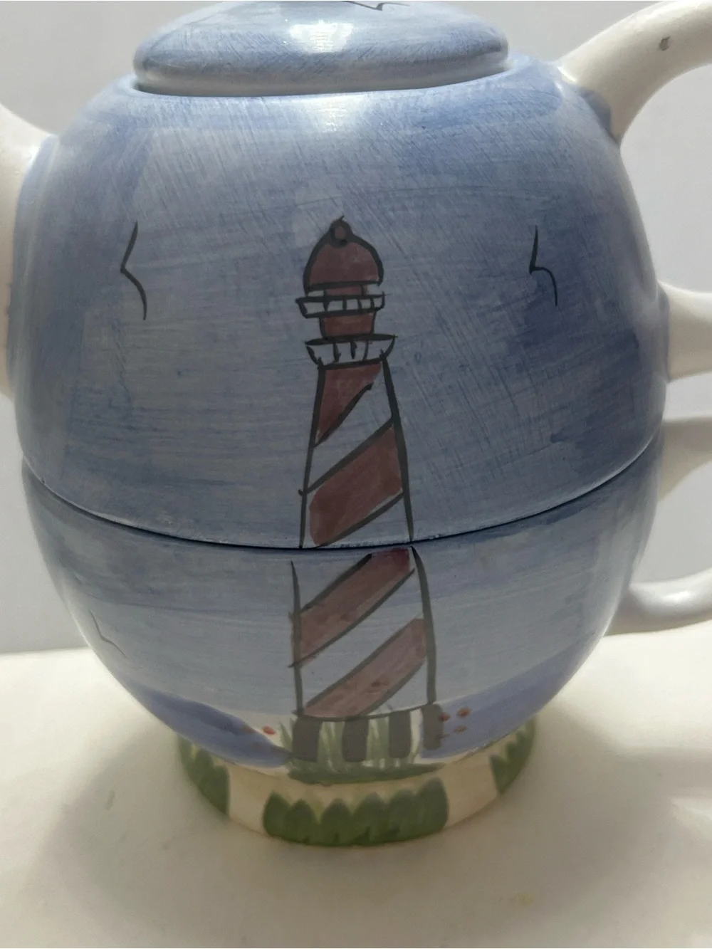 Nantucket Stacking Teapot & Cup Hand-Painted Lighthouse Ceramic Tea for One